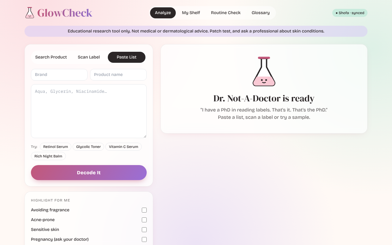 glowcheck-ingredient-decoder app
