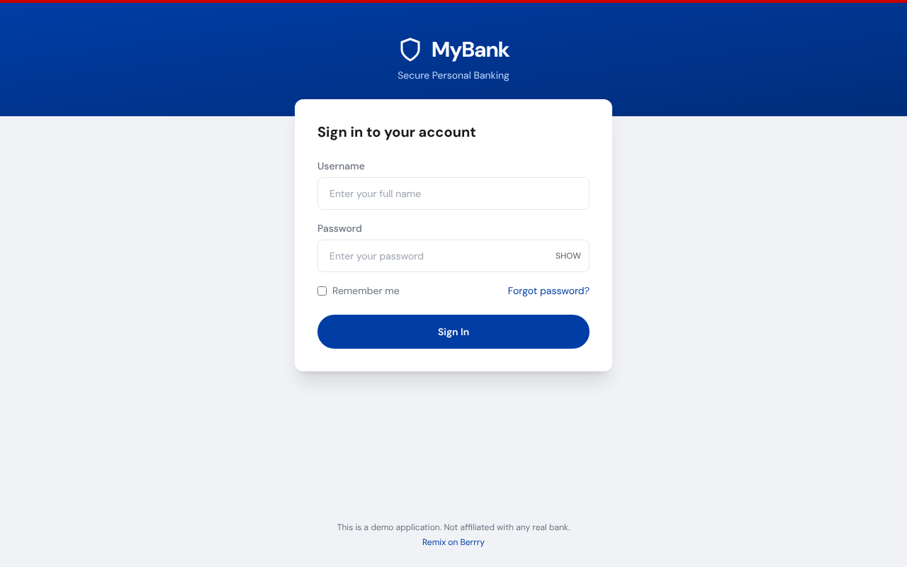 MyBank Dashboard screenshot