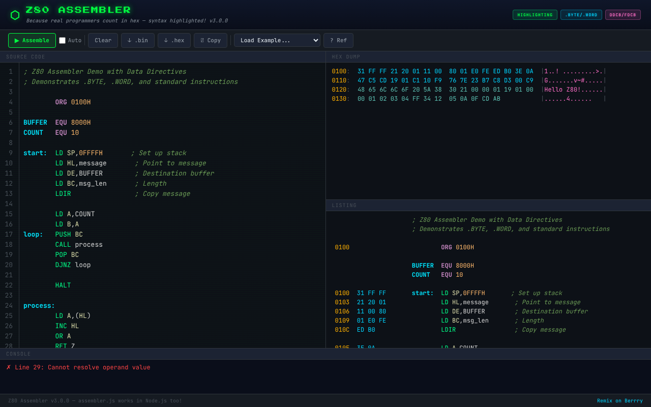Z80 Assembler IDE screenshot