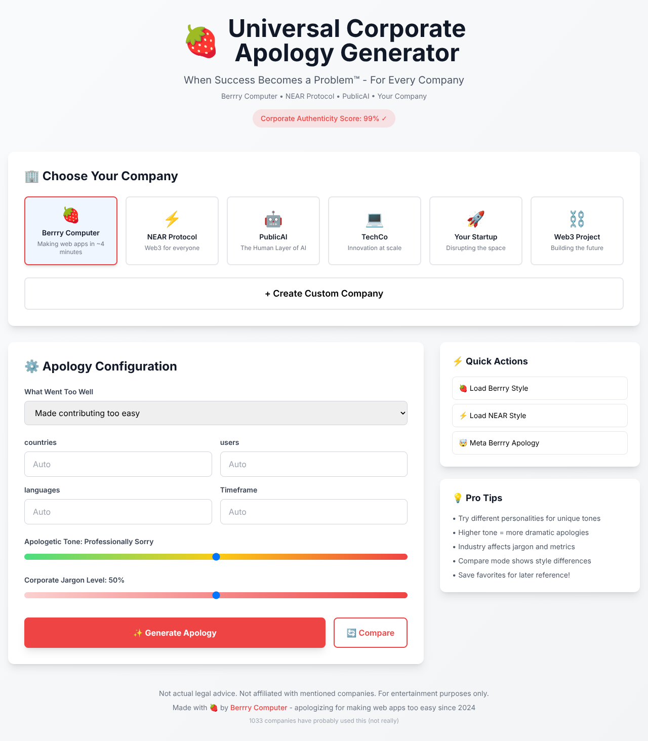 Corporate Apology Generator screenshot