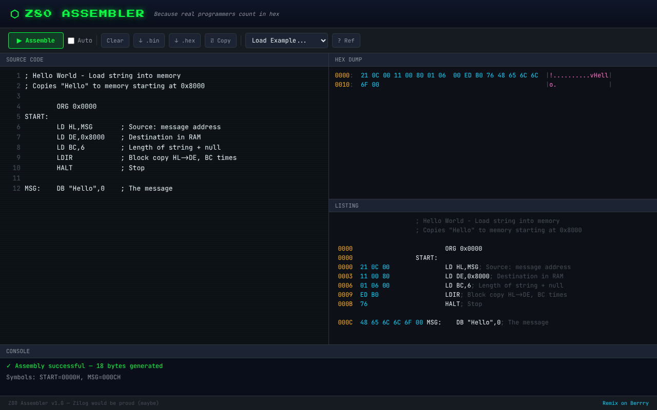 Z80 Assembler IDE screenshot