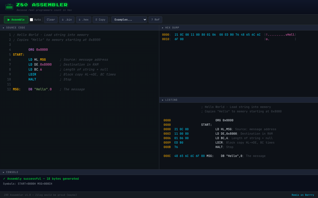 Z80 Assembler IDE screenshot
