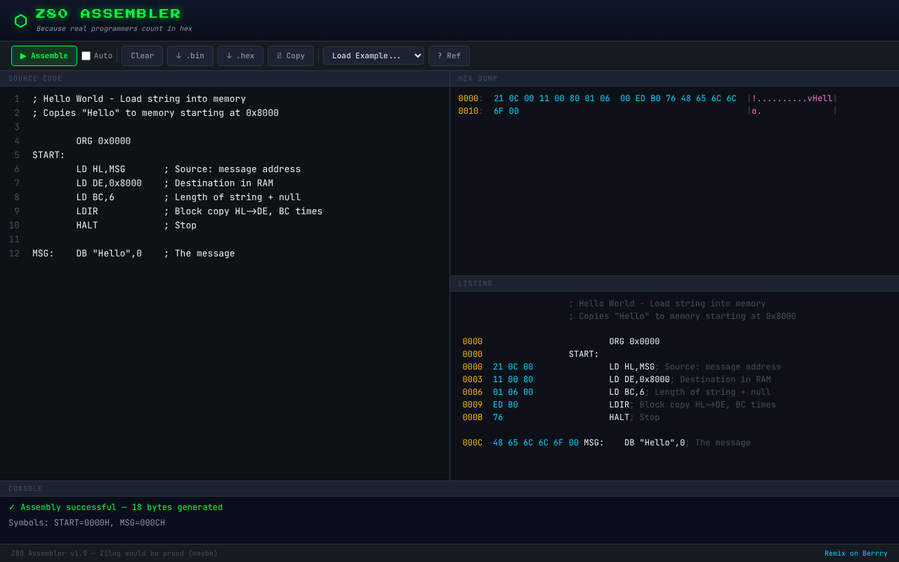 Z80 Assembler screenshot